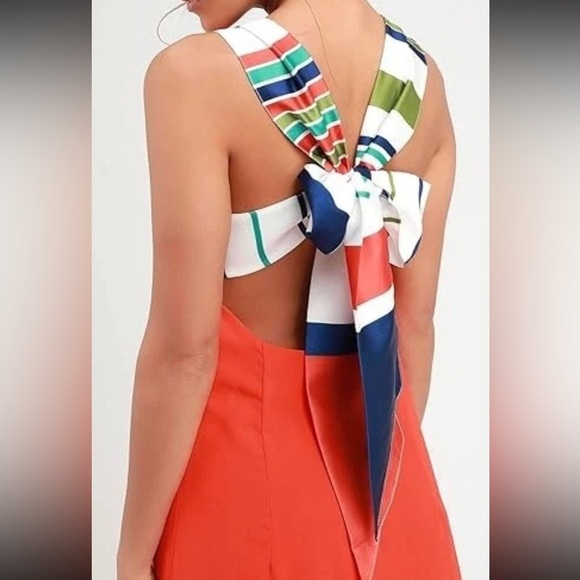 Lulus Women's Orange Joyful Multi Stripe Tie-Back Mini Shift Dress Size Large - Picture 3 of 11